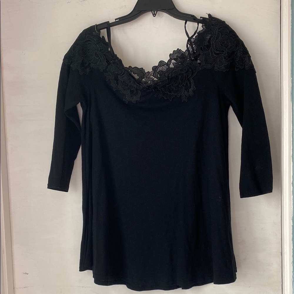 Meadow Rue by Anthropology Elegant Black Lace Trim Top S M New